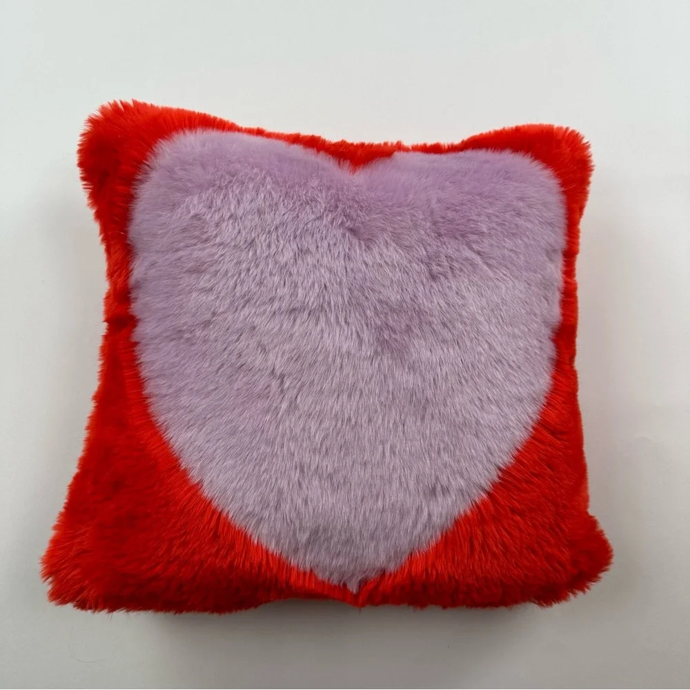 Anthropologie Faux Fur Heart Print Pillow Lilac Red 16 x 16 inches Throw Pillow